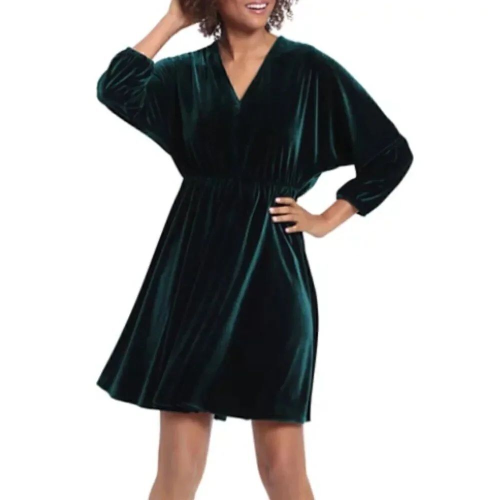 NWT! London Times Hunter Green Velvet Long Sleeve Fit & Flare Dress Size XL